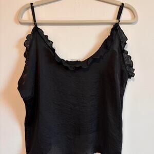 Black ruffle satin tank top